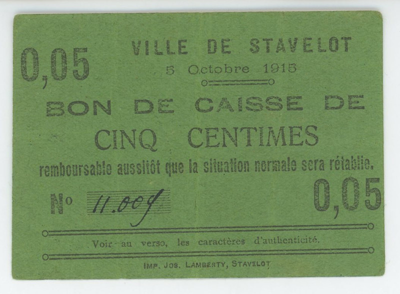 Belgium Commune De Stavelot 5 Centimes 1915

# 11009; VF