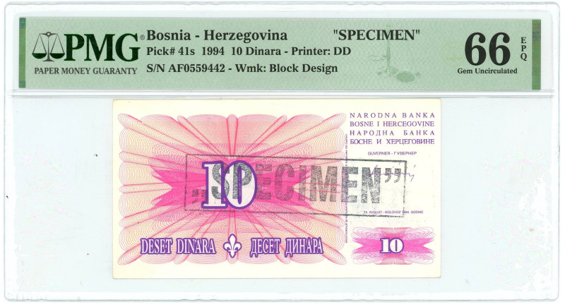 Bosnia & Herzegovina 10 Dinar 1994 Specimen PMG 66 EPQ Gem UNC

P# 41s, N# 235...