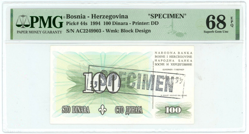 Bosnia & Herzegovina 100 Dinar 1994 Specimen PMG 68 EPQ Superb Gem UNC

P# 44s...