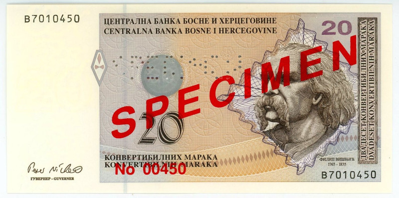 Bosnia & Herzegovina 20 Konvertibilnih Maraka 1998 (ND) Specimen

P# 66, N# 21...