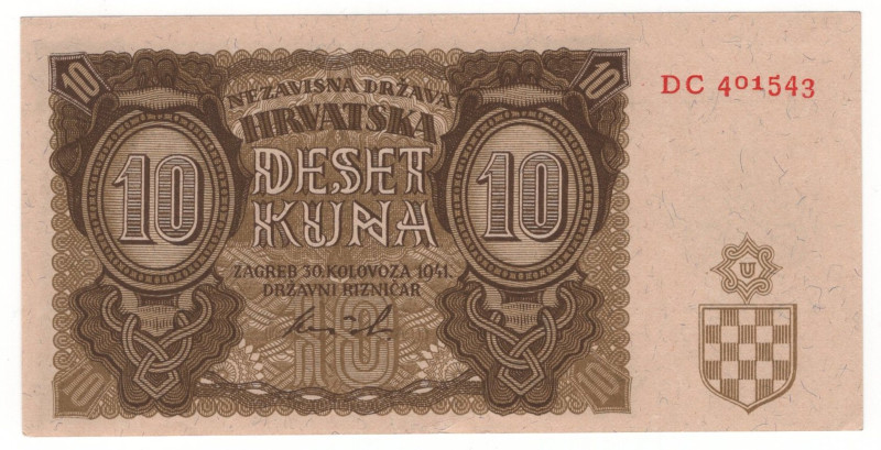 Croatia 10 Kuna 1941

P# 5, N# 209017; # ВС 401543; UNC-