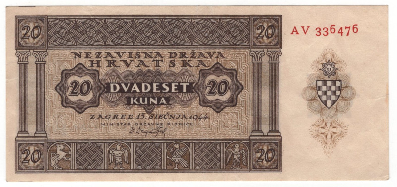 Croatia 20 Kuna 1944

P# 9b, N# 294299; # AV 336476; Not issued; XF