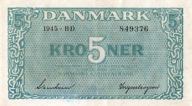 Denmark 5 Kroner 1945

P# 35b, N# 220900; # BD 849376; XF