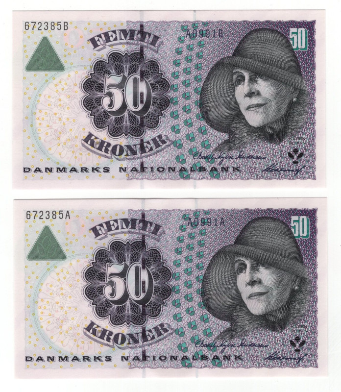 Denmark 2 x 50 Kroner 1999 Same Serial Number

P# 55a, N# 204863; # 672385; UN...