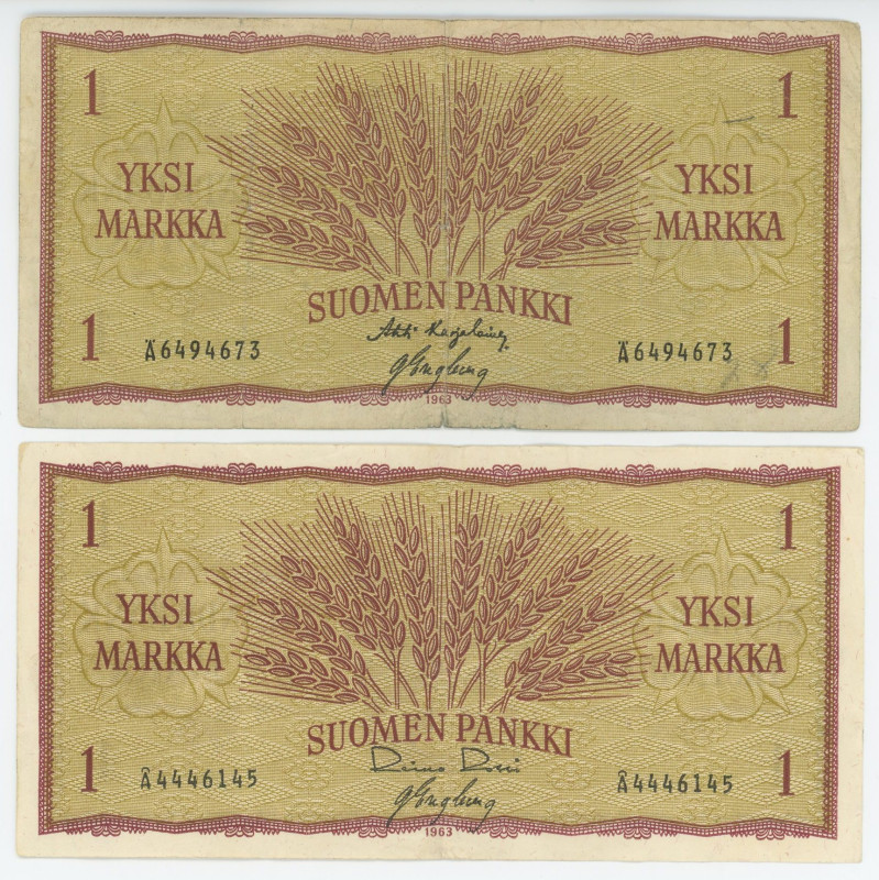 Finland 2 x 1 Marka 1963

P# 98a, N# 202310; # A 6494673 # A 4446145; Signatur...