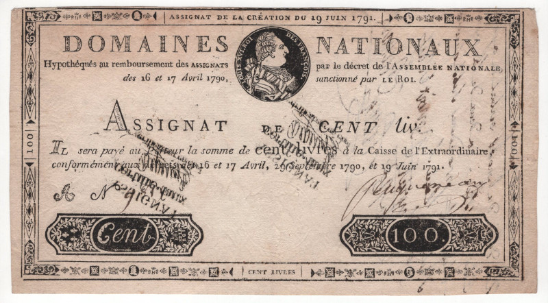 France 100 Livres 1791 Assignat - National Domain

P# A45, N# 328505; VF+/XF-