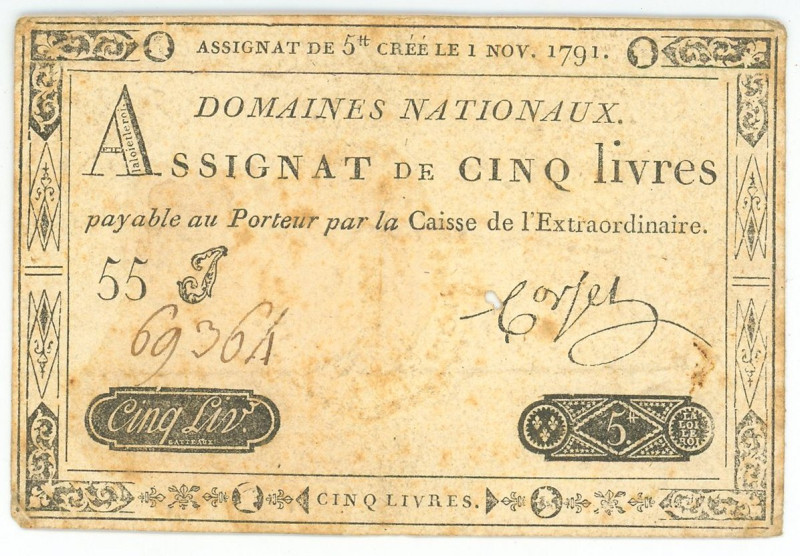 France 5 Livres 1791 Assignat

P# A59, N# 201603; # 55J 69364; VF with hole