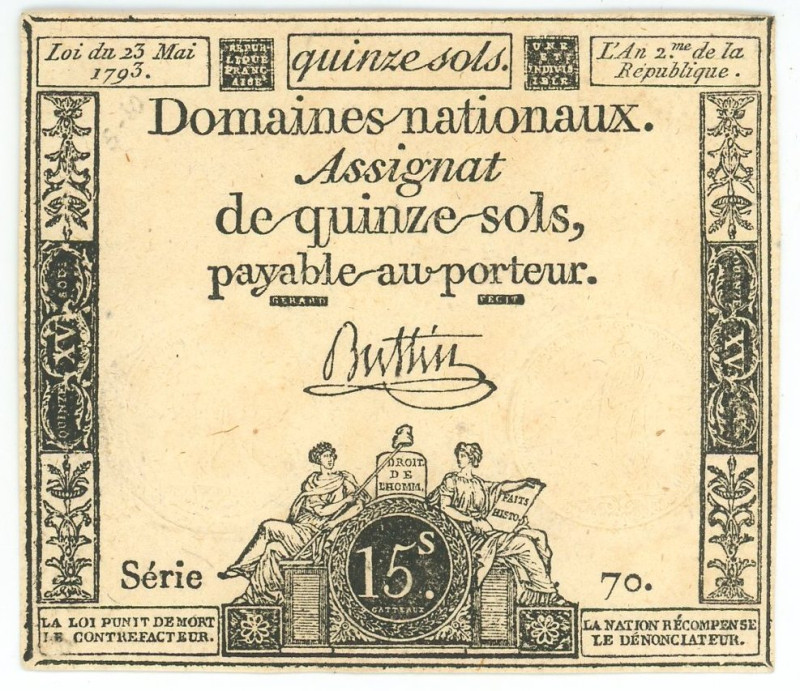 France 15 Sols 1793 Assignat

P# A69b, N# 208597; # Serie 70; AUNC