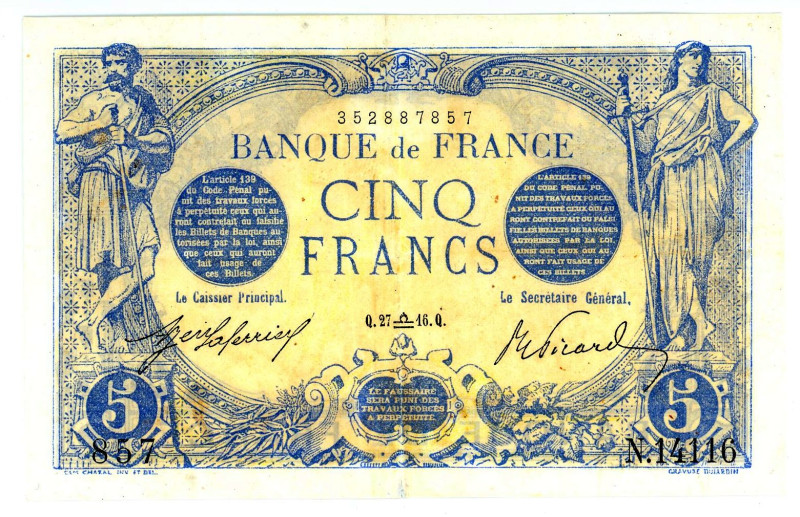 France 5 Francs 1916

P# 70, N# 206650; # 857 14116; VF