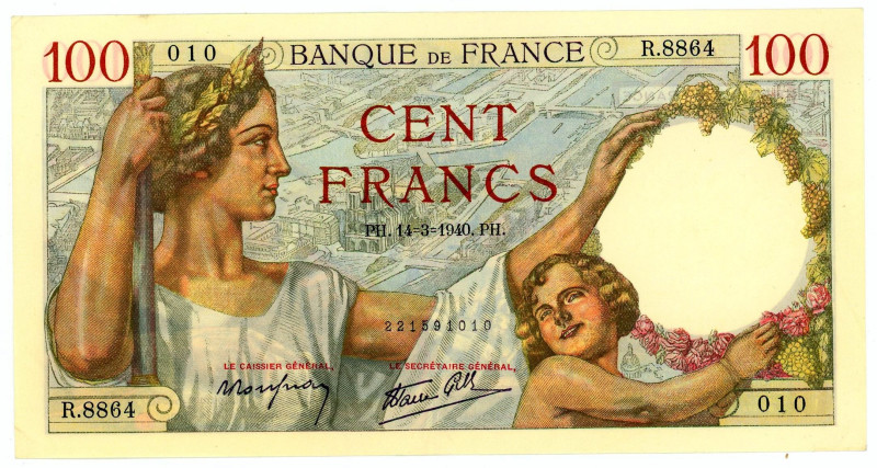 France 100 Francs 1940

P# 94, N# 206018; # R.8864 010; XF+/AUNC-