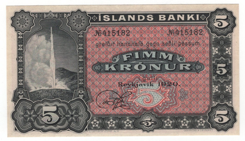 Iceland 5 Kronur 1920 Remainder

P# 15r, N# 298566; # 415182; UNC