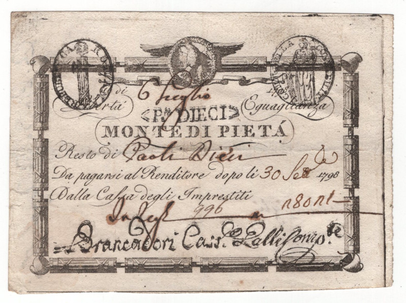 Italian States Prima Repubblica Romania 10 Paloi / 100 Bajocchi 1798 Monte De Pi...