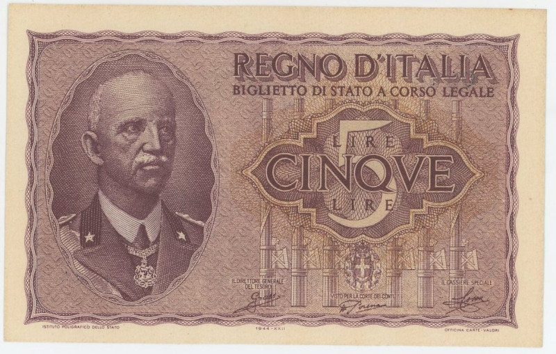 Italy 5 Lire 1944

P# 28, N# 202274; # 0338 010177; UNC