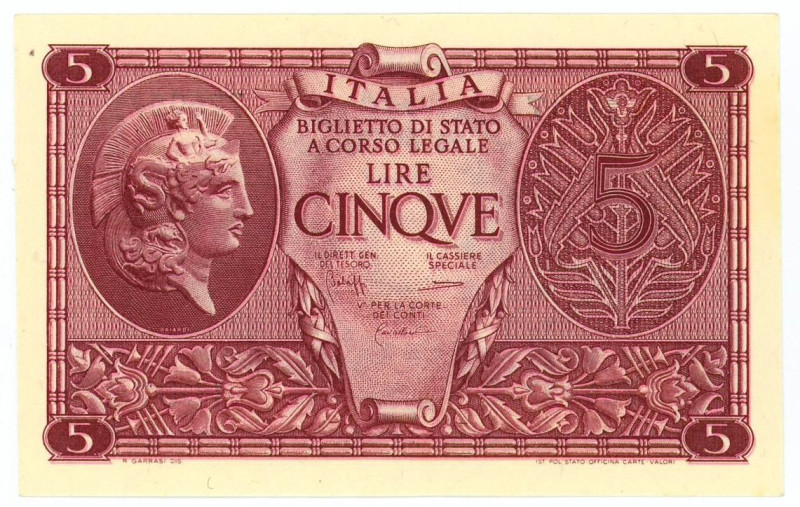 Italy 5 Lire 1944

P# 31c, N# 207545; # 1097 726057; AUNC+/UNC-