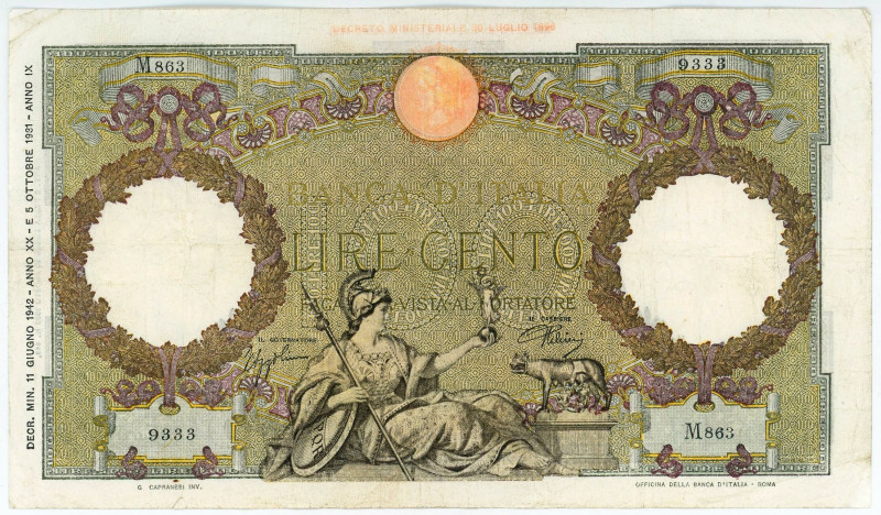 Italy 100 Lire 1942

P# 55b, N# 213385; # M863 9333; VF