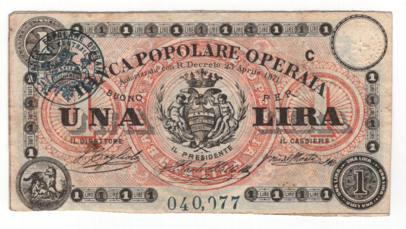 Italy Banca Popolare Operaia Di Roma 1 Lira 1872

# 040077; VF