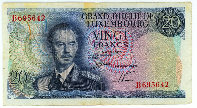 Luxembourg 20 Francs 1966

P# 54b, N# 206242; # B 695642; VF