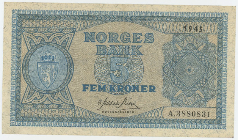 Norway 5 Kroner 1945

P# 45a, N# 243254; # A.3880831; XF