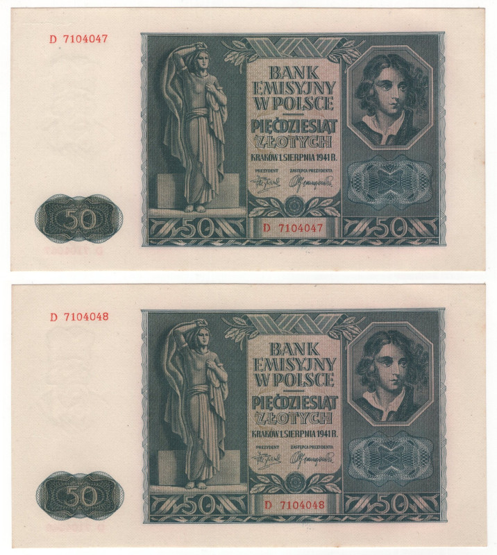 Poland 2 x 50 Zlotych 1941 German Occupation With Consecutive Numbers

P# 102,...