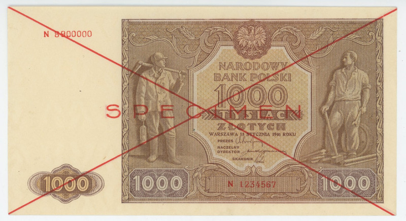 Poland 1000 Zlotych 1946 Specimen Fancy Number

P# 122s, N# 277945; # 89000000...