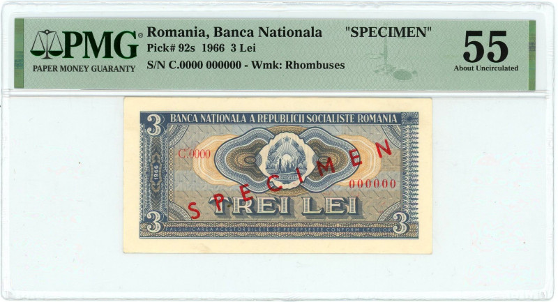 Romania 3 Lei 1966 Specimen PMG 55 EPQ AUNC

P# 92s, N# 205767; # 0