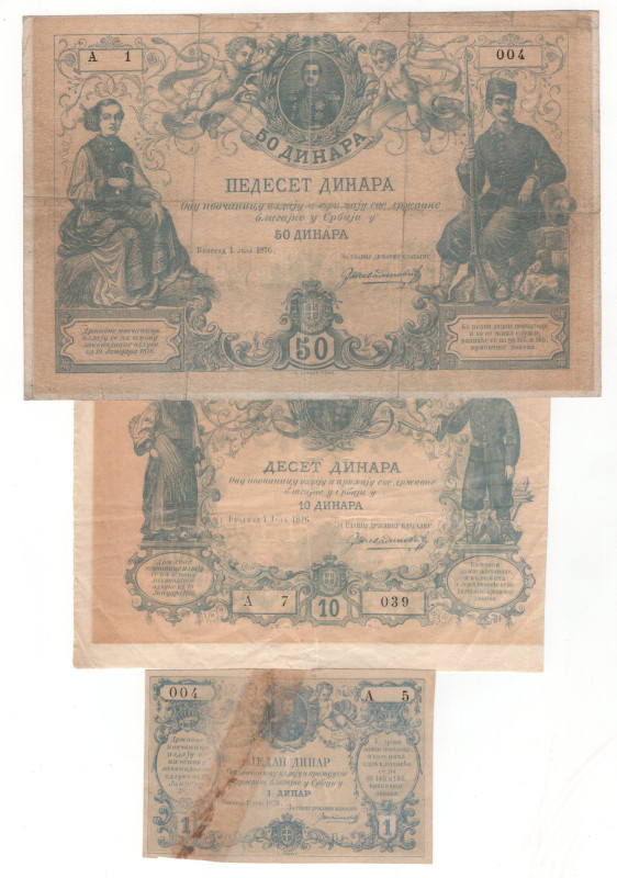 Serbia 1 - 10 - 50 Dinara 1876 Rare banknotes

P# 1, 3, 4, F/VF