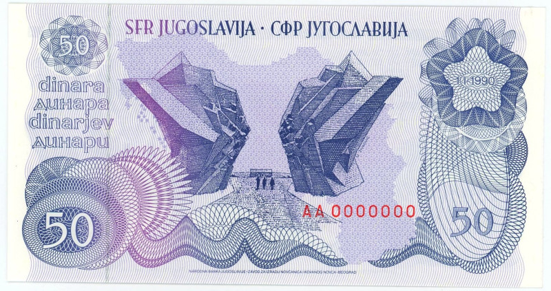 Yugoslavia 50 Dinara 1990 Specimen

P# 101s, N# 224102; # AA 0000000; UNC