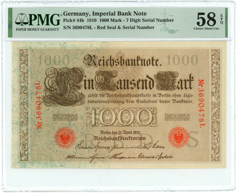 Germany - Empire 1000 Mark 1910 PMG 58 EPQ Choice AUNC

P# 44b, N# 202158; # 3...