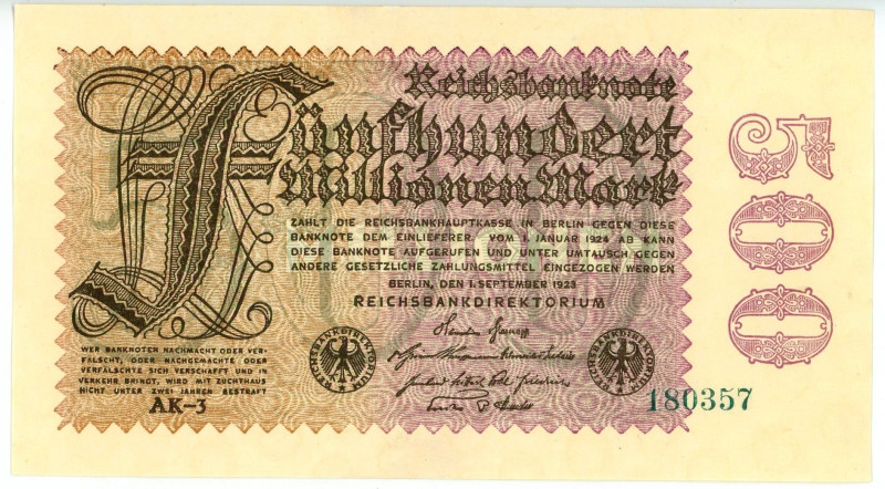 Germany - Weimar Republic 500000000 Mark 1923

P# 110e, N# 203604; # 180357; U...