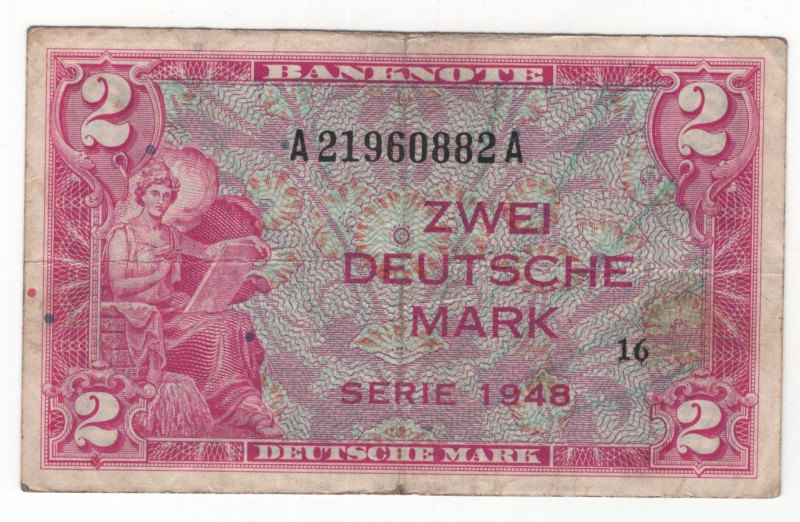 Germany - FRG 2 Deutsche Mark 1948

P# 3a, N# 209163; # A 21960882 A; F-