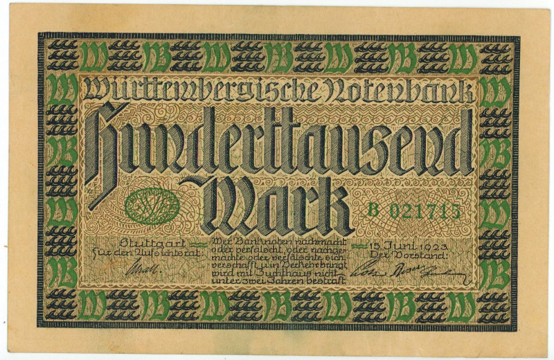 German States Wurtemberg Stuttgart 100000 Mark 1923

P# S985, N# 208808; # B 0...