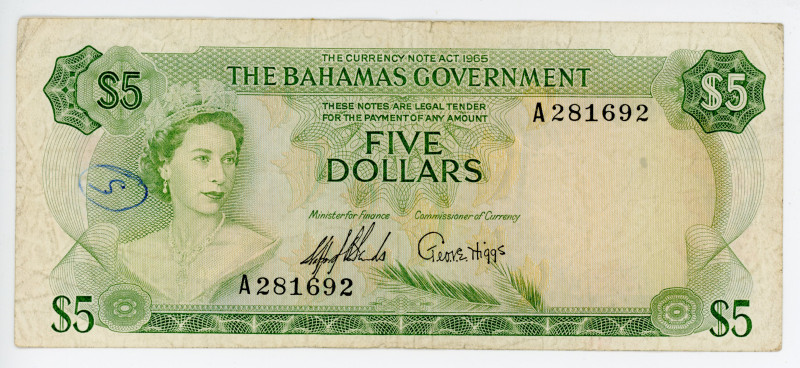 Bahamas 5 Dollars 1965

P# 20a, N# 274531; # A281692; VF