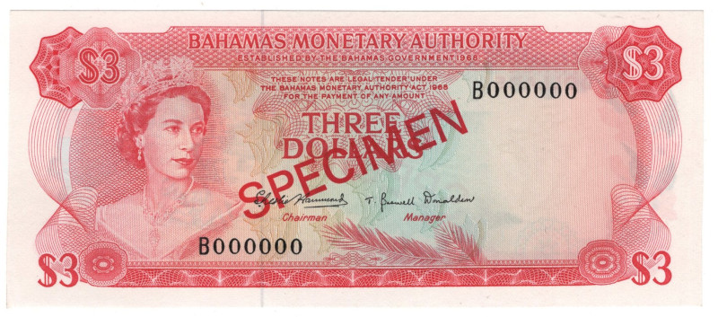 Bahamas 3 Dollars 1968 Specimen

P# 28s, N# 205620; # B000000; UNC