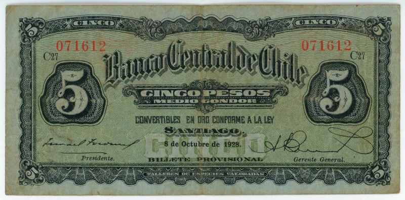 Chile 5 Pesos 1928

P# 82, N# 289938; # C27 071612; F