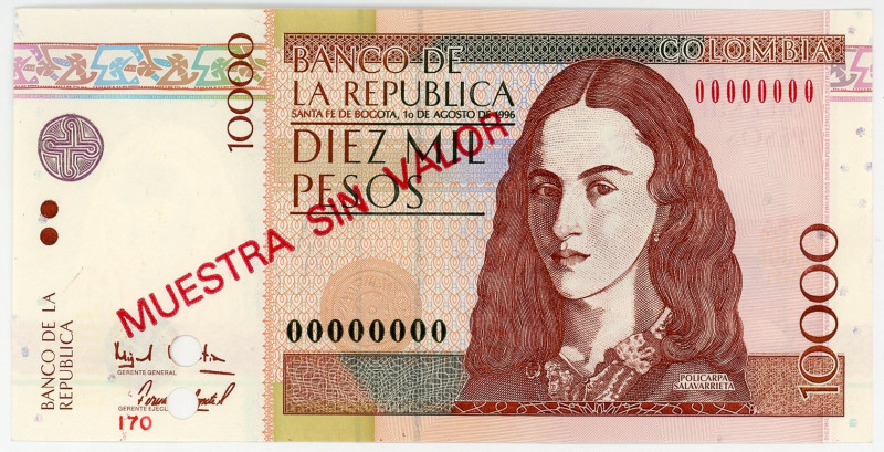 Colombia 10000 Pesos 1996 Specimen

P# 443s, N# 212592; 00000000; UNC