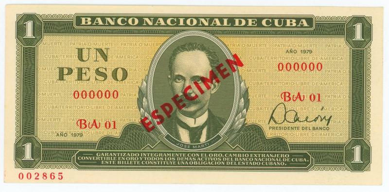 Cuba 1 Peso 1979 Specimen

P# 93, N# 219536; # BA01 000000; Overprint ESPECIME...