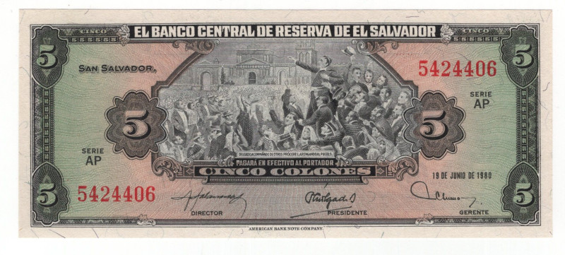 El Salvador 5 Colones 1980

P# 132A, N# 281923; # AP 5424406; UNC