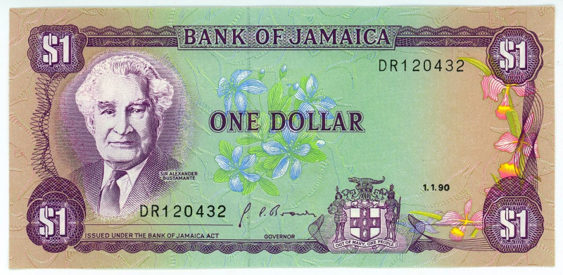 Jamaica 1 Dollar 1990

P# 68Ad, N# 206486; # DR120432; UNC