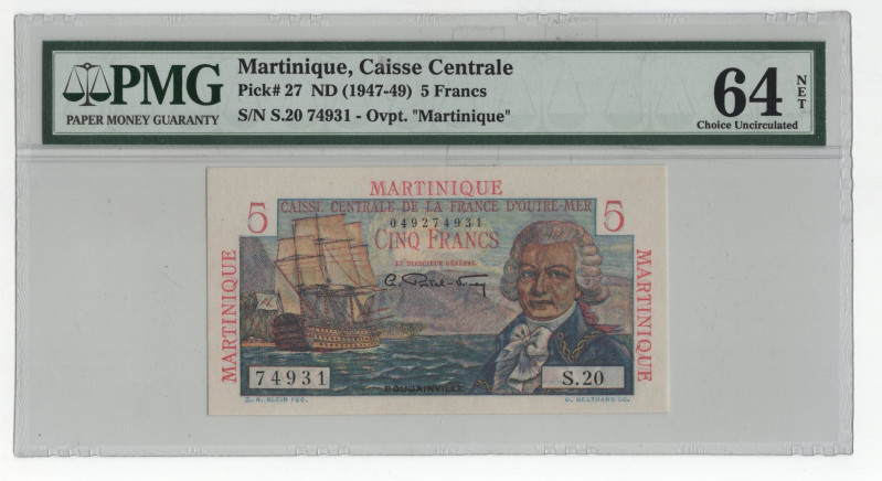 Martinique 5 Francs 1947 - 1949 (ND) PMG 64NET Choice UNC

P# 27a, # S.20 7493...