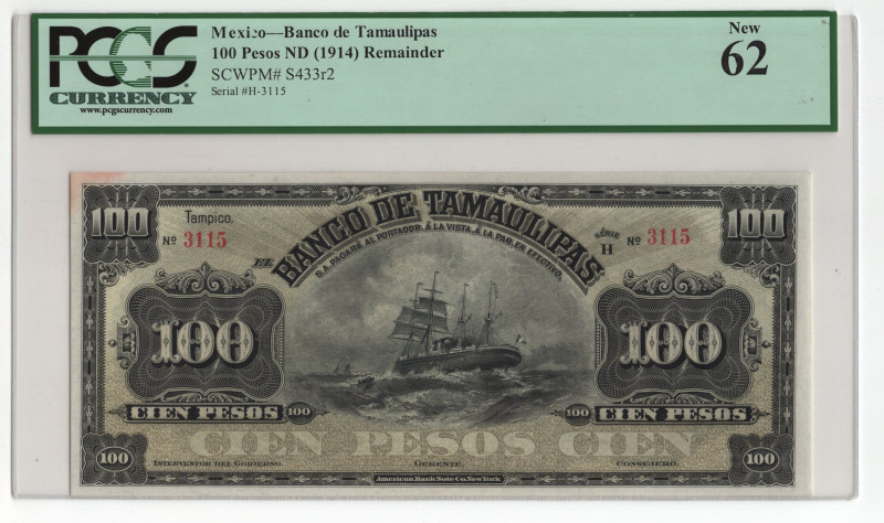 Mexico Banco de Tamaulipas 100 Pesos 1914 (ND) Remainder PCGS New 62

P# S433r...