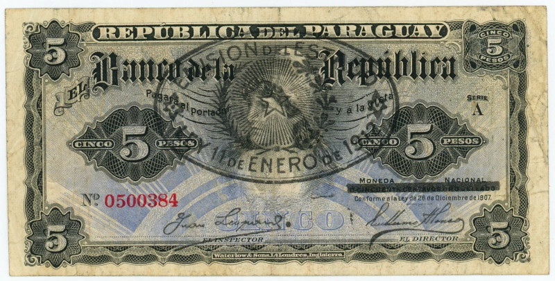 Paraguay 5 Pesos 1912 Overprint Emesion Del Estado

P# 127, # A 0500384; F