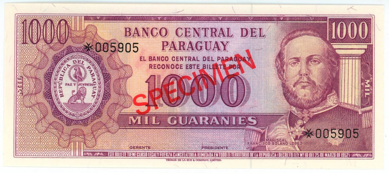 Paraguay 1000 Guaranies 1963 (ND) Specimen

P# 201s, N# 316270; # 005905; UNC