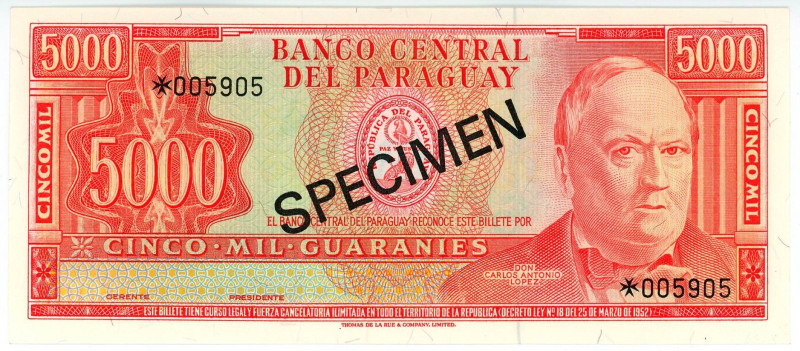 Paraguay 5000 Guaranies 1963 (ND) Specimen

P# 202s1, N# 316269; # 005905; UNC