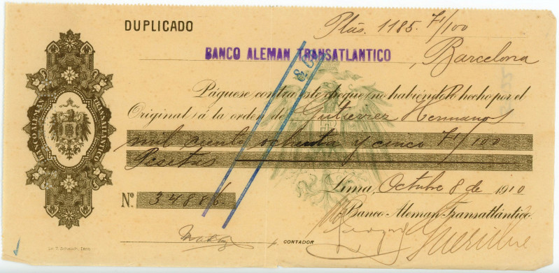 Peru Banco Aleman Transatlantico Lima Bill of Exchange for 1185,71 pesetas 1910...