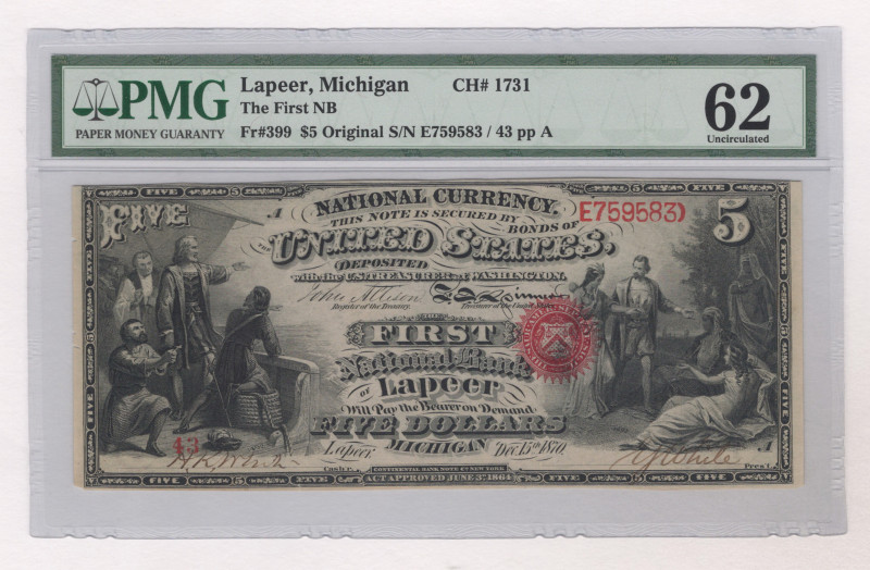 United States The First NB of Lapeer Michigan 5 Dollars 1870 PMG 62 UNC

# E75...