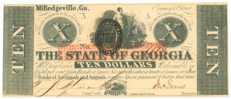 United States The State of Georgia 10 Dollars 1862

P# S853, # 37796; XF