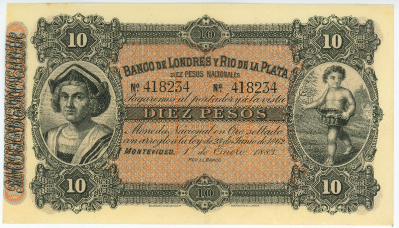 Uruguay 10 Pesos 1883

P# S242, # 418234; UNC