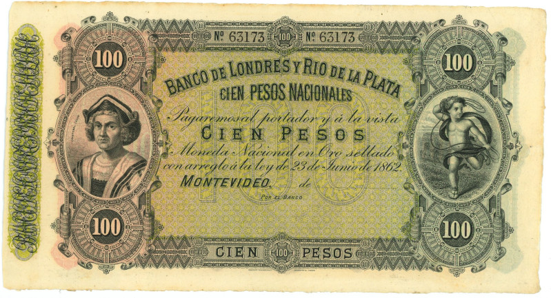 Uruguay Montevideo 100 Pesos 1862

P# S245r, N# 300184; # 63173; XF