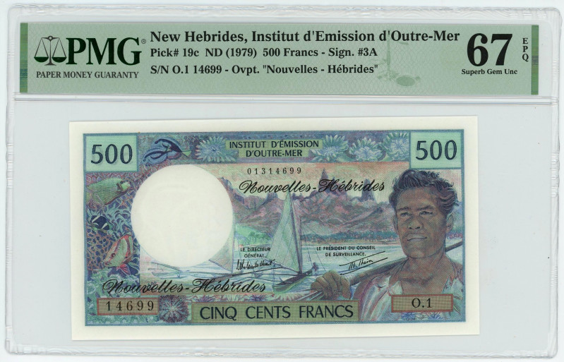 New Hebrides 500 Francs 1979 (ND) PMG 67EPQ Superb Gem UNC

P# 19c, N# 207297;...