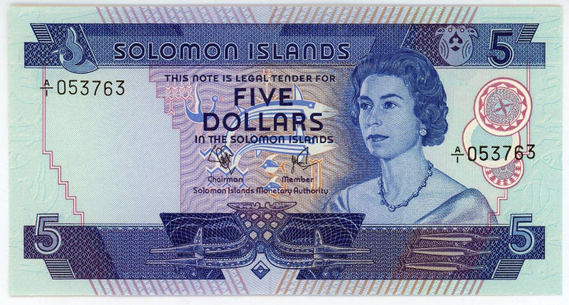 Solomon Islands 5 Dollars 1977 (ND)

P# 6a, N# 277755; # A/I 053763; UNC